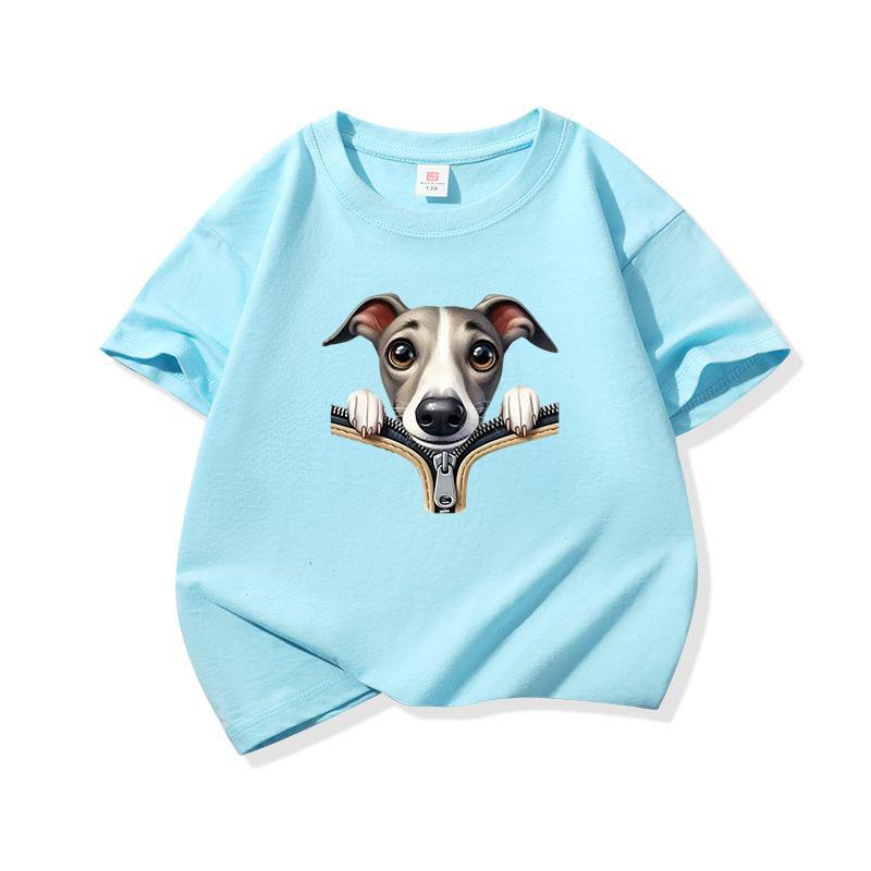 Kids Cotton T Shirt Adorable Whippet Dog Zipper Print Crew Neck Short Sleeve Tee Casual Breathable Boys Girls Summer Tops