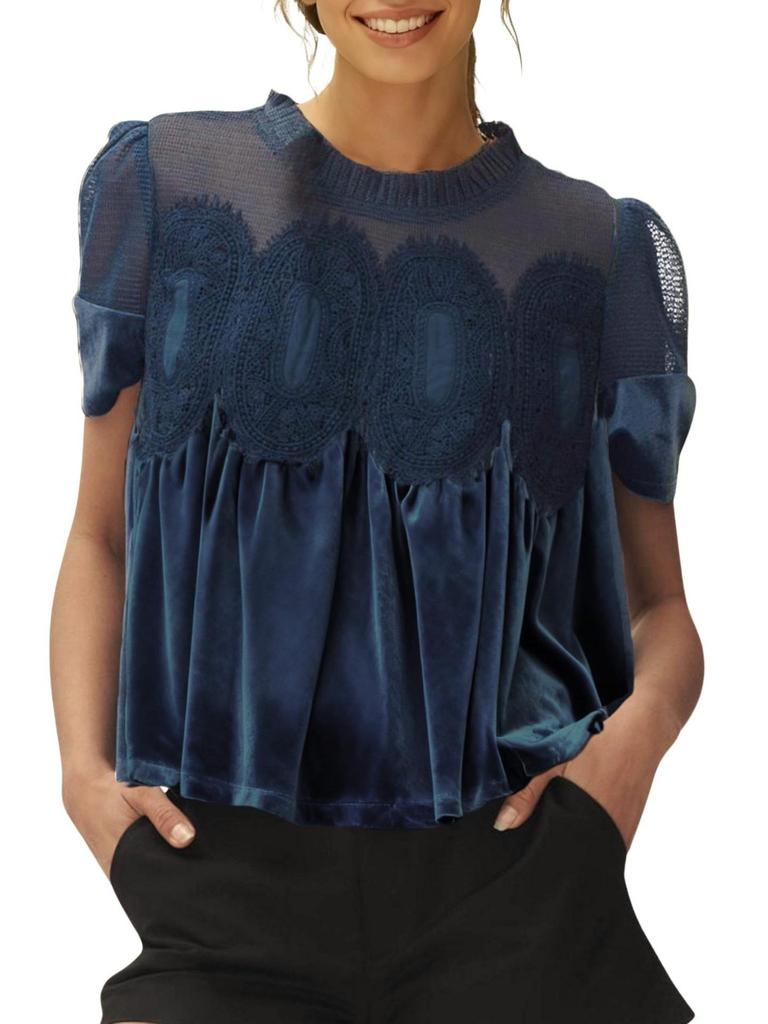 Women's Elegant Velvet Lace Round Neck Bell Sleeve Top