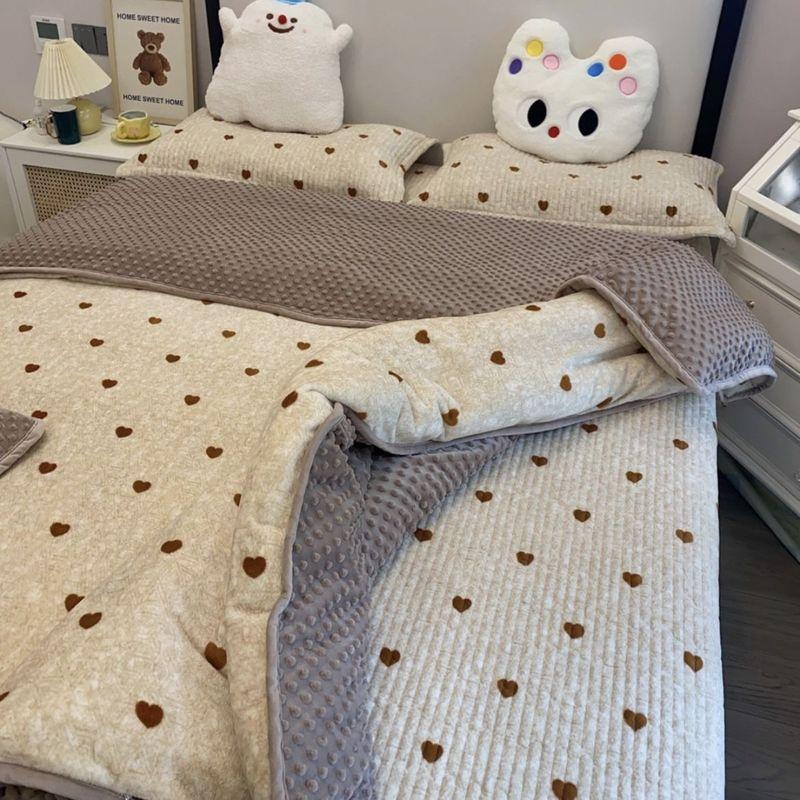 

Milk Fiber Bedspread Double-Sided Velvet Thickening Tatami Dedicated Bed Sheets Three-Piece Quilted Kang Bed-Stove Cover Quilt Cover Four-Piece Set 90*200cm single bed cover Yellow Heart
