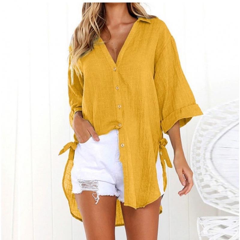 

Women s European & American Style Lace-up V-neck Loose Casual Shirt S жовтий