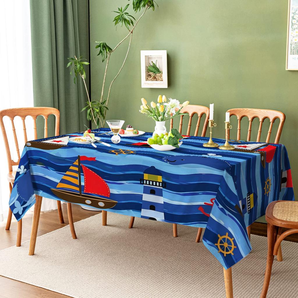 Ocean Wave Pattern Polyester Tablecloth - Decorative Table Cover for Dining Room, Stylish Table Decoration for Home & Party