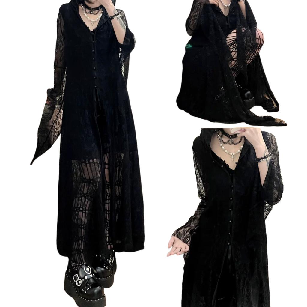 Damen Renaissance Gotisches Spitzen Kapuzen Maxikleid Langes Kleid Mit Glockenärmeln Für Halloween Kostüm