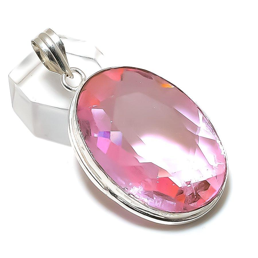 Natural Pink Kunzite Gemstone Handmade 925 Sterling Silver Pendant 2.05" D3K84