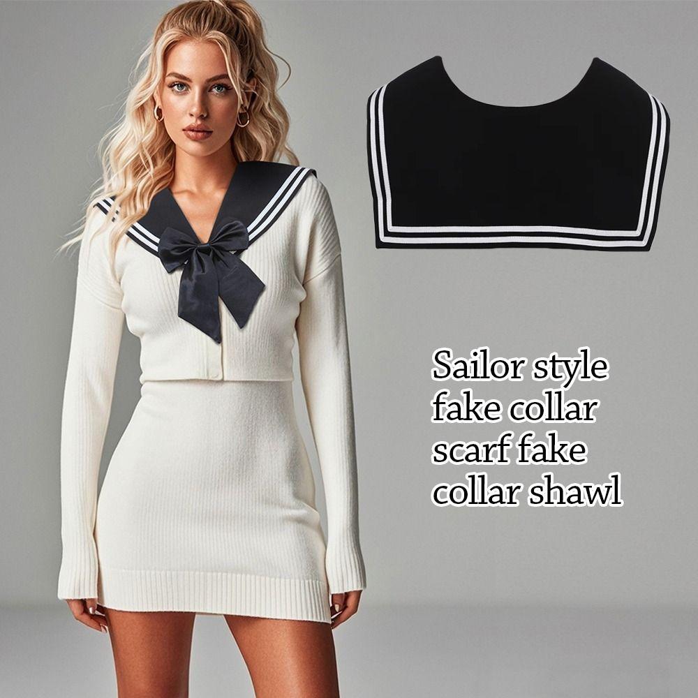 Striped Sailor Fake Collars Scarf Detachable Cotton Sailor Suit Bow Tie Black White Academy Style Shawl Wraps