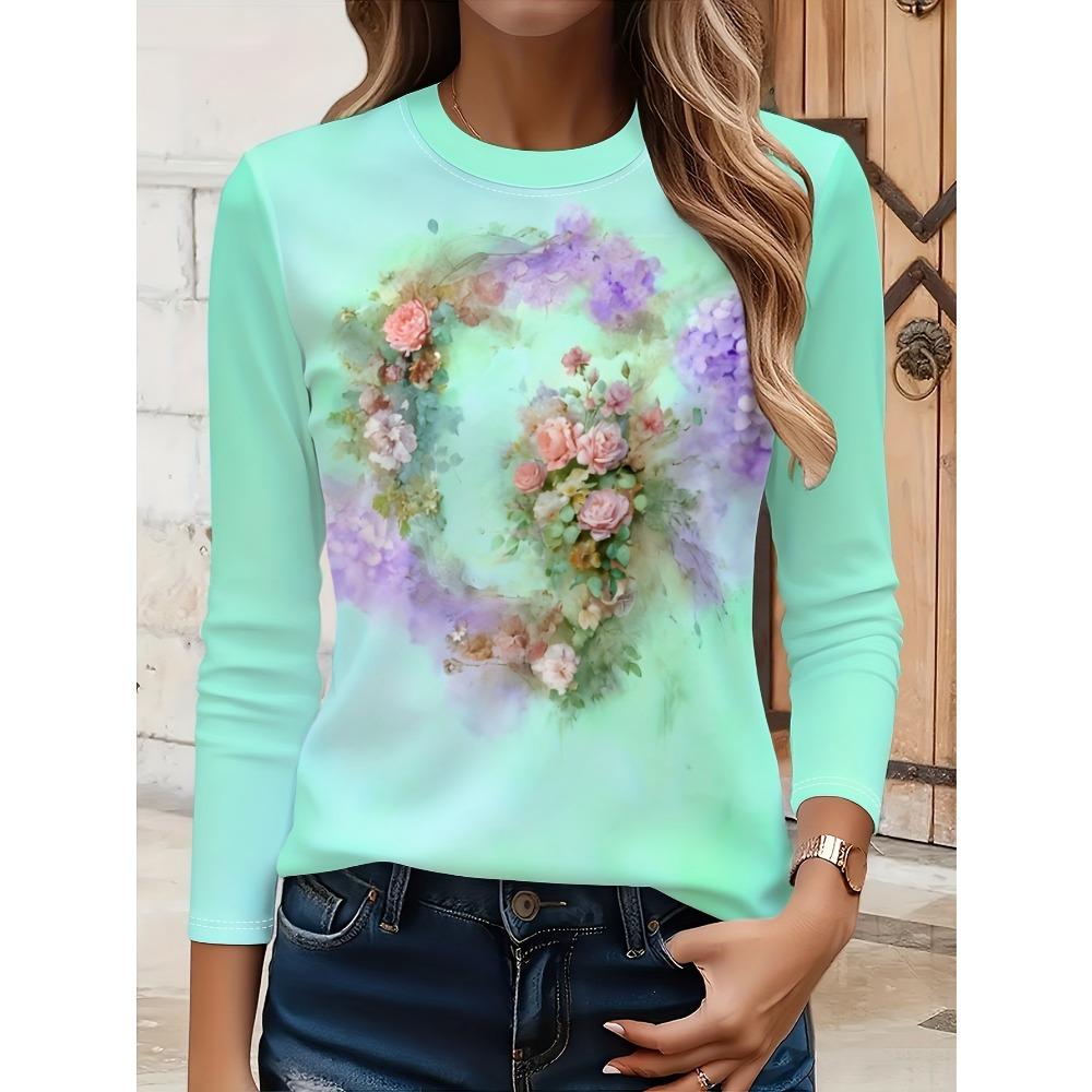 Graphic Print T-shirt, Casual and Fashionable Versatile Long-sleeve Crewneck Casual Top, for Spring and Autumn, Women's Apparel-085 Positioning