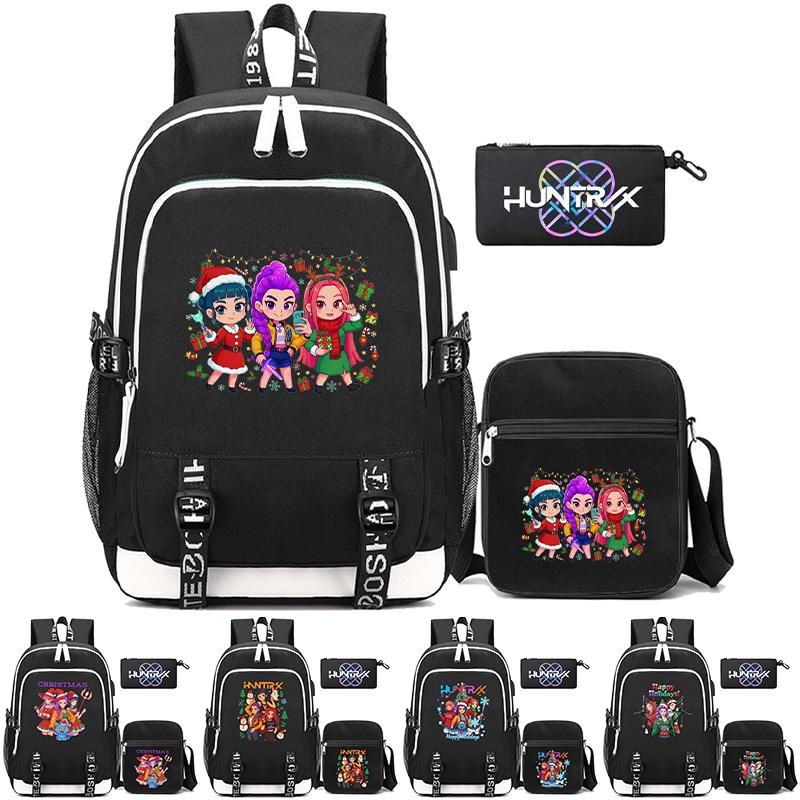 3Pcs/set Anime Kpop Demon Hunters Printed Backpack with Shoulder Bag Pencil Case for Teenager Girl Boy Bookbag Large Capacity Waterproof Travel Bag