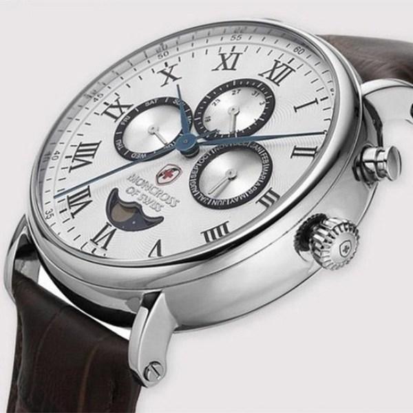 Moncross Herren-Vollkalender-Mondphasen-Lederuhr 43 mm MS3751, koreanische beliebte Uhren