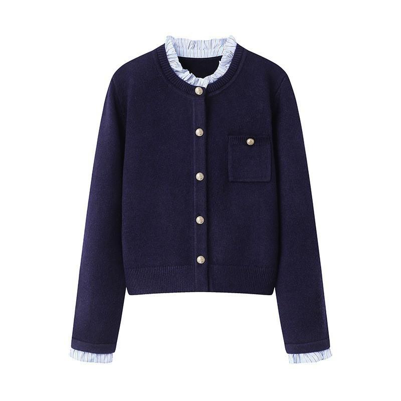Autumn and winter fake two-piece crew neck knitted sweater top shirt collar sweater cardigan jacket women