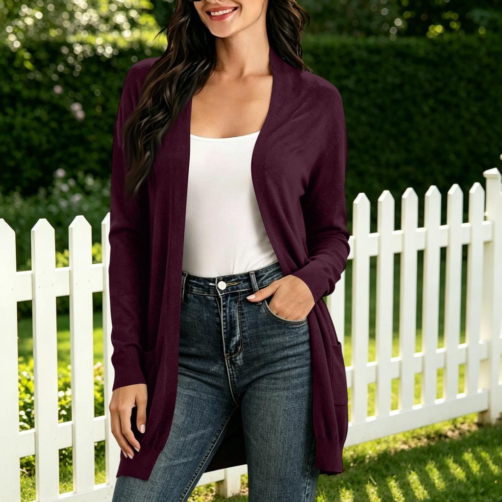 Women's Casual Long Sleeve Cardigan - Mid Length Open Front Sweater for Everyday Wear