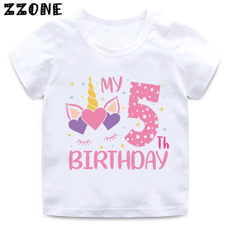 My 1 2 3 4 5 6 7 8 9 Th Years Birthday Unicorn Print Cute Girls Clothes Summer Short Sleeve Kids T Shirt Baby Boys TShirts