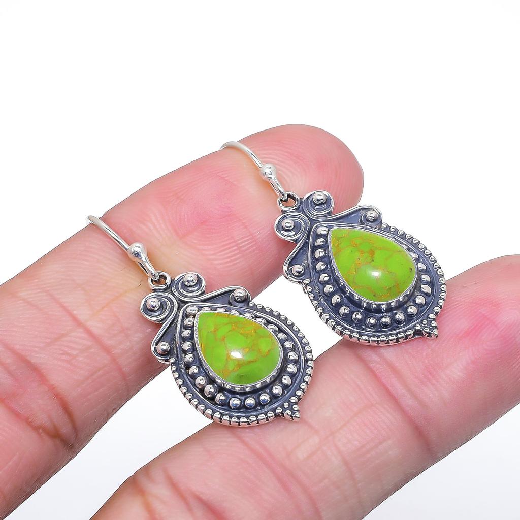 Copper Green Turquoise 925 Sterling Silver Earring V7403, Green Earring, Pear Earring, Valentin's Day Gift, Gift For Her, Birthday Gift, Handmade Jewe