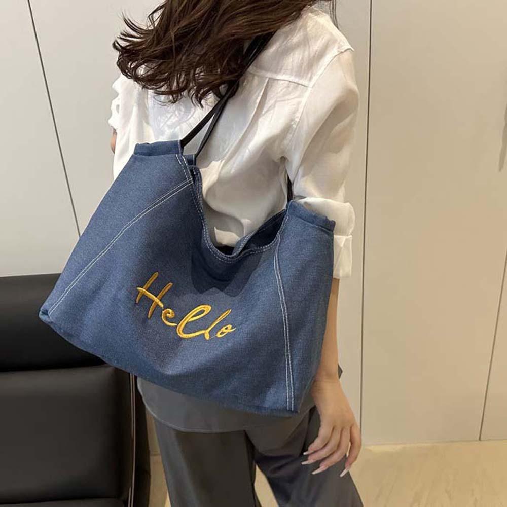 

Korean Style Denim Blue Tote Bag Portable Large Capacity Underarm Bag Travel синій