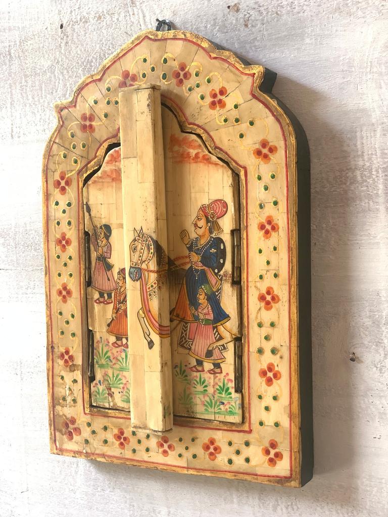 Handmade Carved Wooden Inlay Window: Painted Indian King Decor