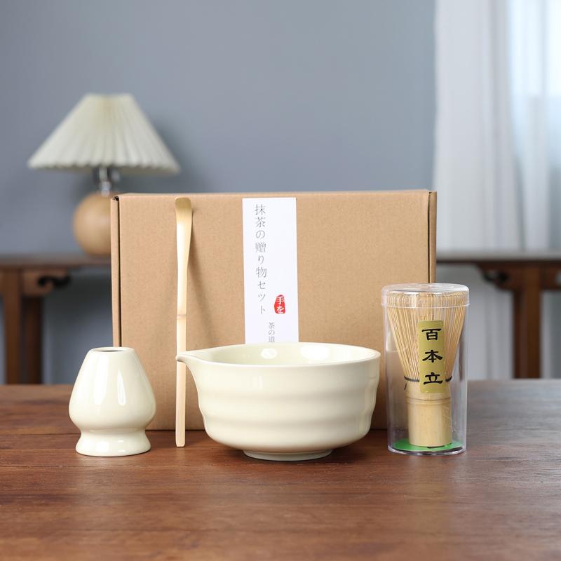 4Pcs Japanese Matcha Set Bamboo Whisk Teaspoon Ceramic Bowl Tranditional Tea Set Home Tea-Making Tools Accessories Birthday Gift