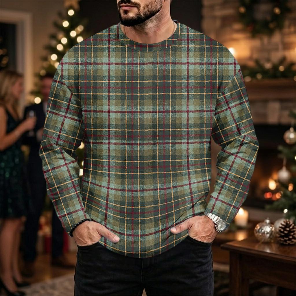 Men's Casual Loose Fit Neck Long Sleeve Top with Christmas Print, Winter Base Layer