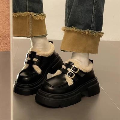 Popular British Style Small Leather Shoes Women's Autumn and Winter 2025 New Thick-soled Super Soft One-pedal Velvet Cotton Shoes Mary Jane Shoes