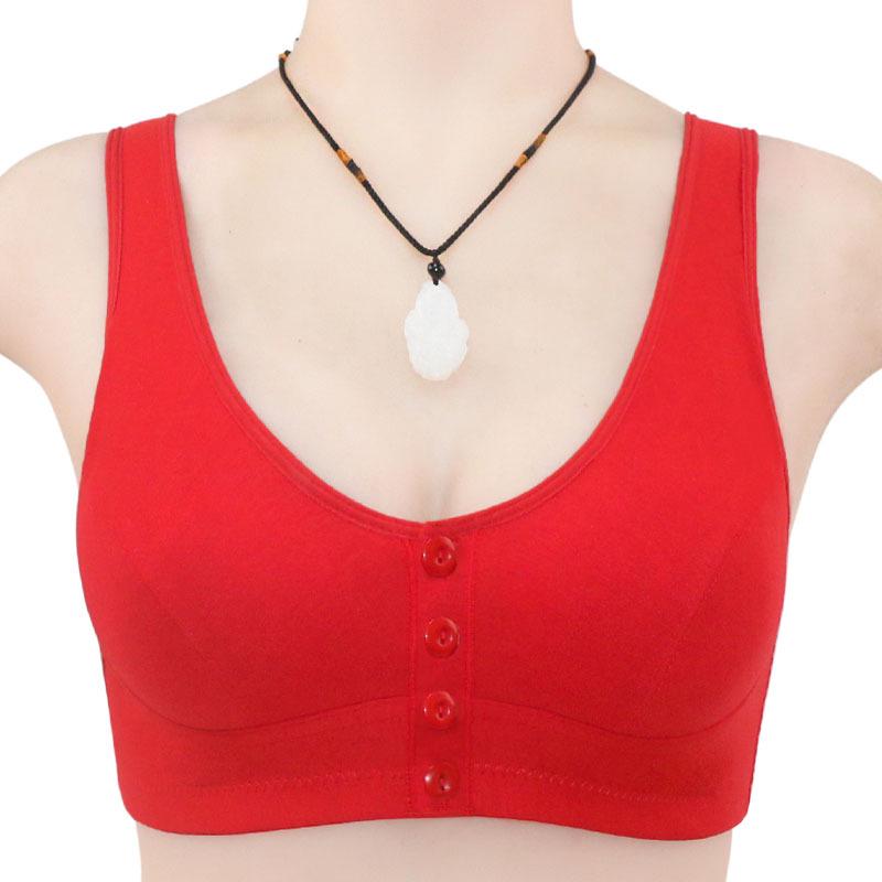 Front Button Cotton Bra for Middle-Aged & Elderly Women - Plus Size Vest Style, Solid Color.