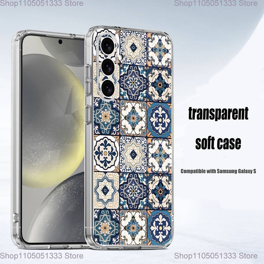 M-Moroccan Tile Phone Case For Samsung S24,30,21,22,23,20 FE,lite,PIus,Ultra,5G,Note,9,10 Transparent Cover