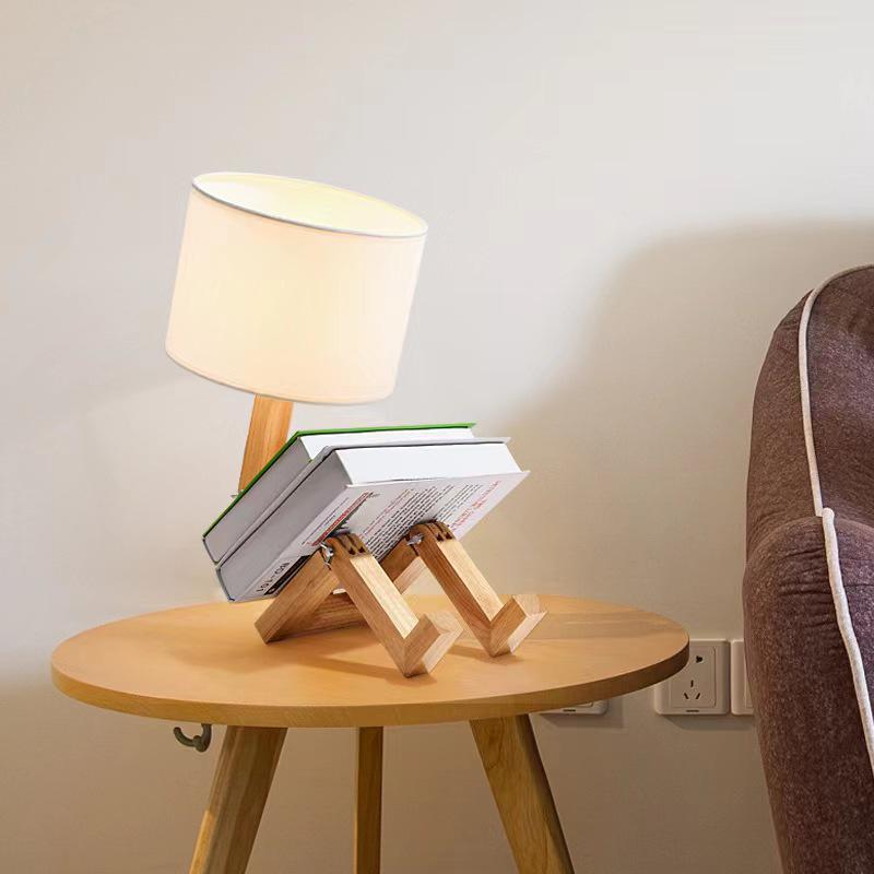 Nordic Wooden Robot Table Lamp: European Solid Wood Art for Bedroom or Bedside