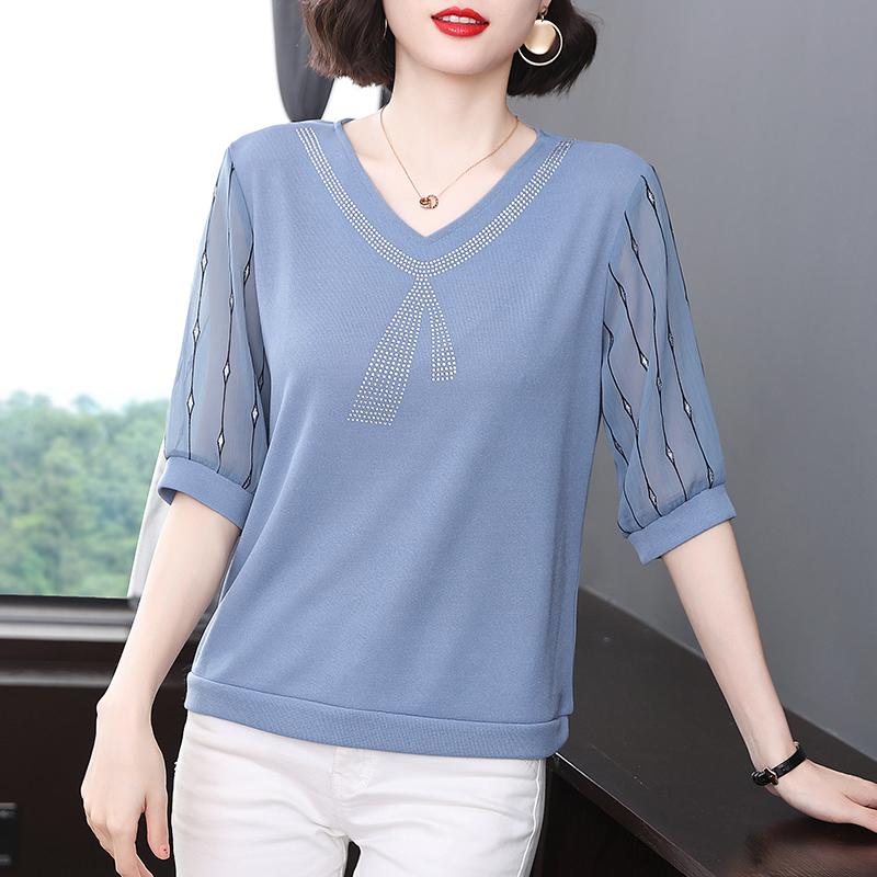 Versatile Temperament Elegant and Casual Summer Printed Women's Half Sleeved T-shirt Fashion Thin Loose Sequin V-neck Tops