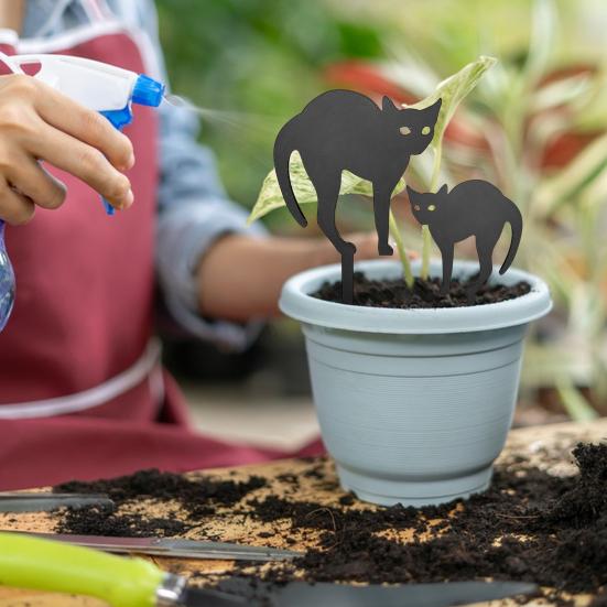 2Pcs/Set Flowerpot Cat Sign Planter Insert Cat Sign with Stake Black Cat Silhouette Garden Decoration for Outdoor Indoor Potted Plant Patio Balcony