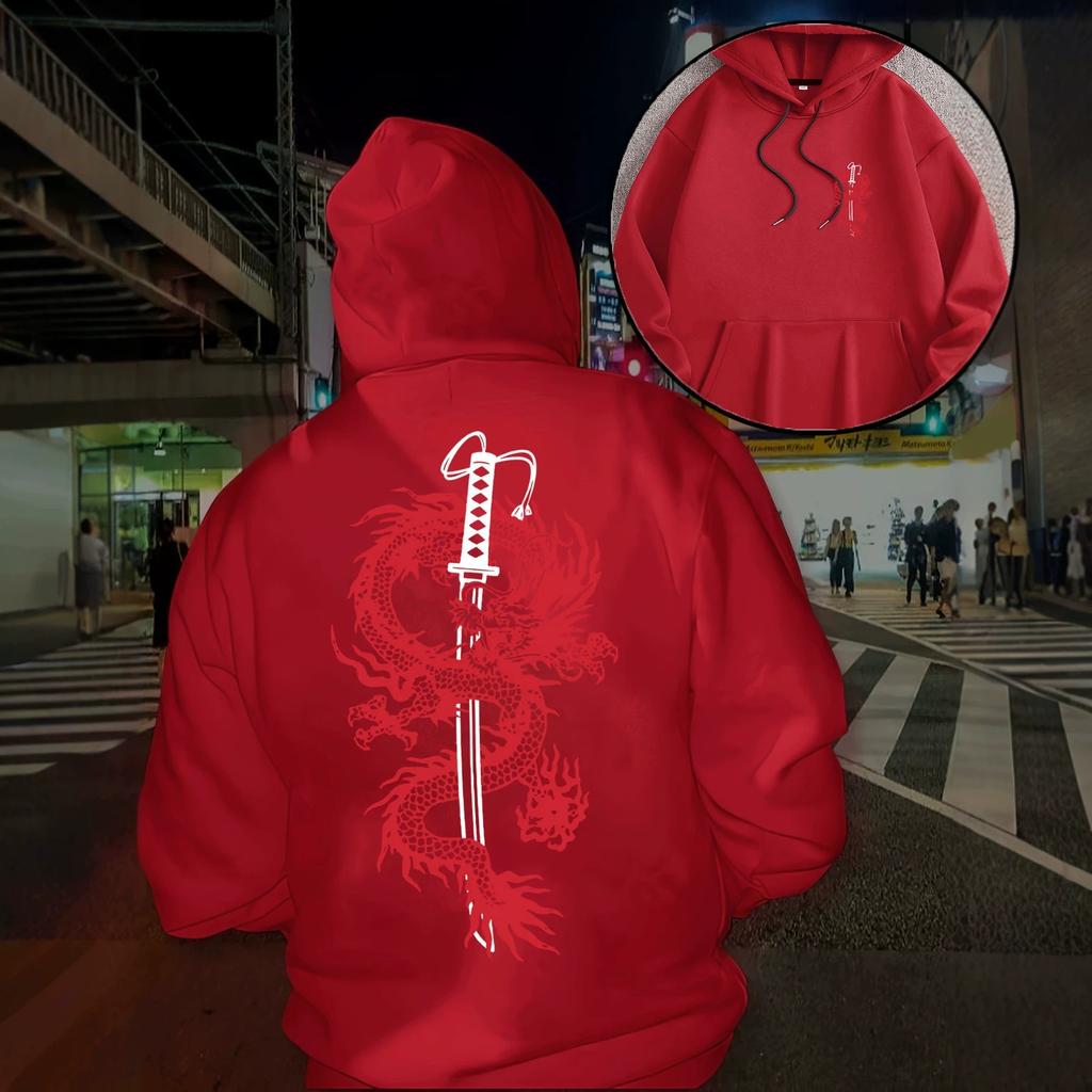 Japanese Guochao Panlong Samurai sword front and rear printed hooded sweater, red loose shoulder couple casual hoodie
