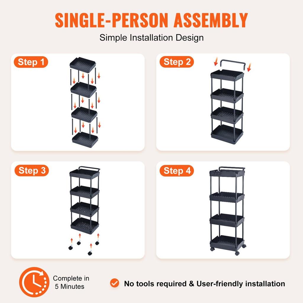 4-Tier Rolling Utility Cart, Kitchen Cart with Lockable Wheels, Multi-Functional Storage Trolley with Handle for Office, Living Room, Kitchen, Movable