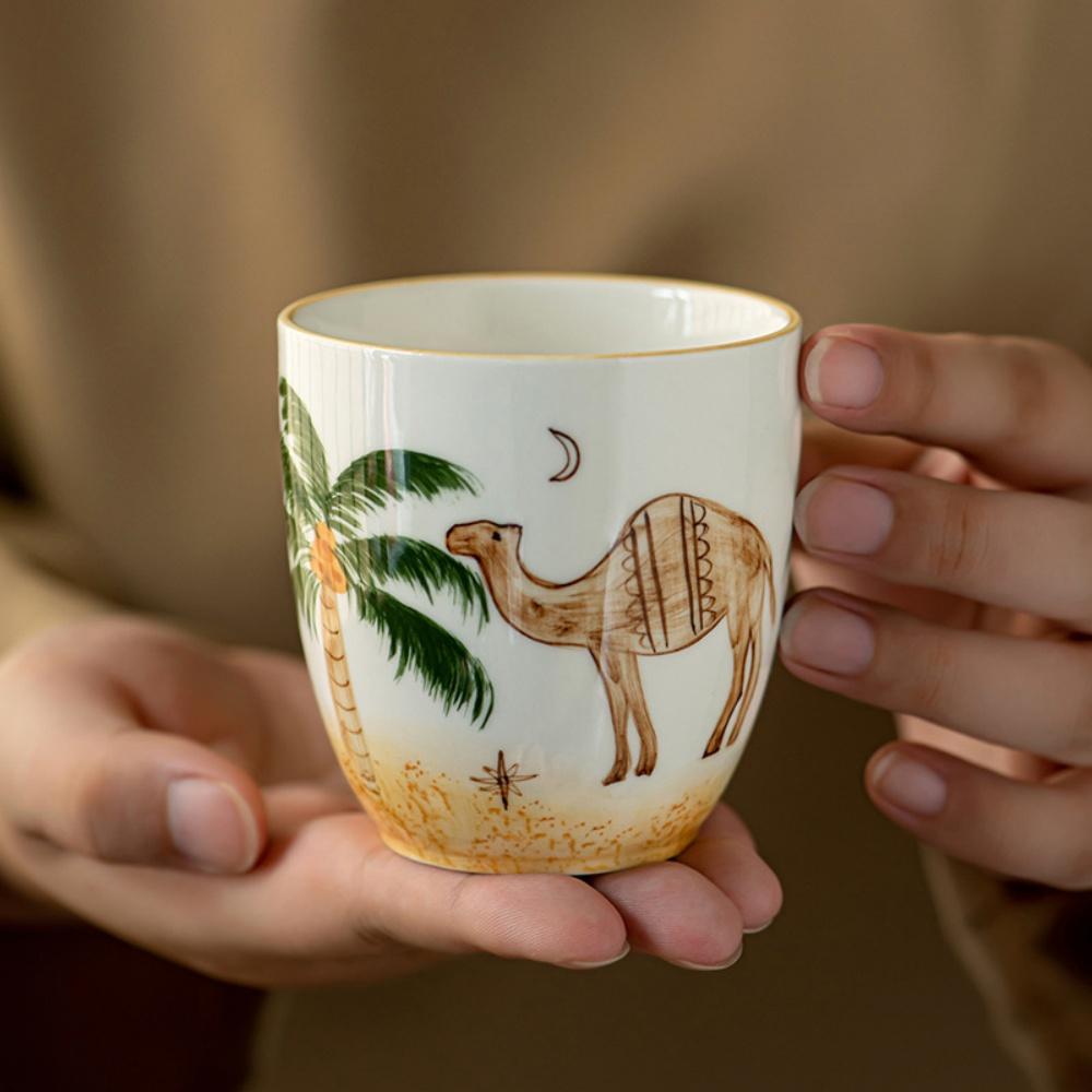 Funny Hand Painted Palm Tree Camel Ceramic Coffee Cup 230ML Novelty Mug for Cappuccino Latte Espresso