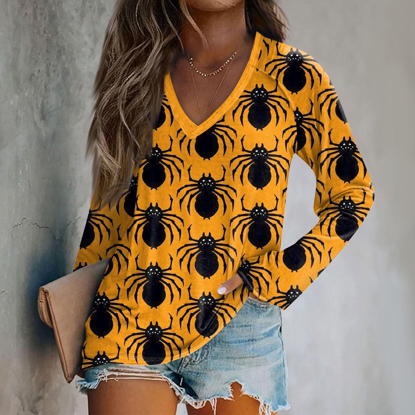 

Женская футболка с длинным рукавом и V-образным вырезом с принтом на Хэллоуин, повседневные базовые топы XXXL оранжевый