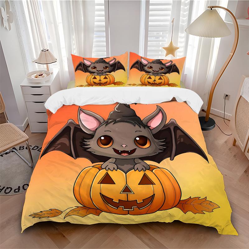 3pcs Lovely Wizard Bat and Halloween Pumpkin Cartoon Design Quilt Set - Soft and Comfortable Bedroom, Guest Room and Dorm Decor Bedding Set 1 Qui