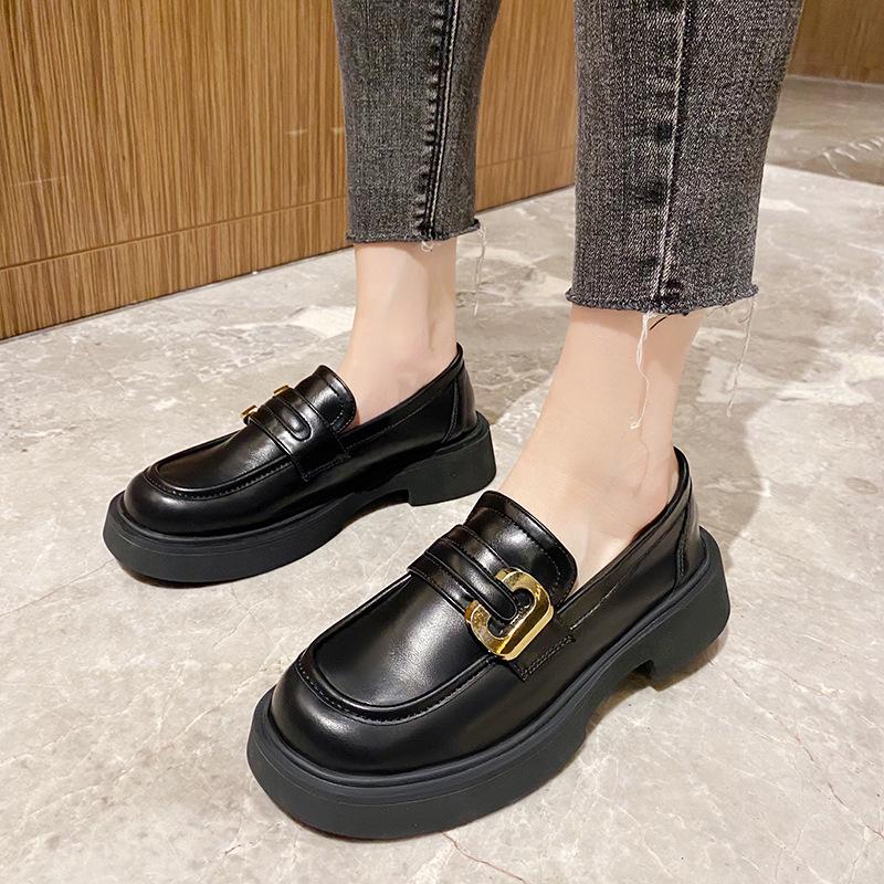 Women's British Style Thick-Soled Leather Loafers - Soft-Soled, Slip-On Microfiber Design