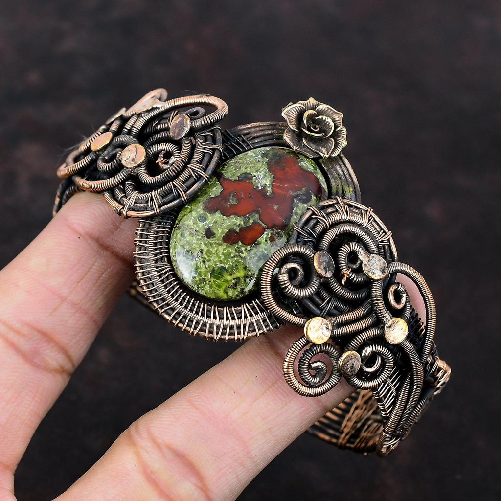 Dragon Bloodstone Bangle Copper Wire Wrapped Bangle Gemstone Cuff Bracelet Adjustable Bangle Copper Jewelry For Gift Handmade Flower Bangle