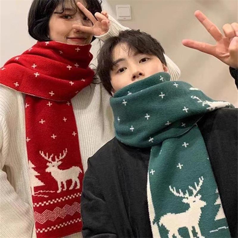 Elk Christmas Scarf for Female Students Korean Version Double Sided Wool Knitted Jacquard Warm Scarf As A Gift