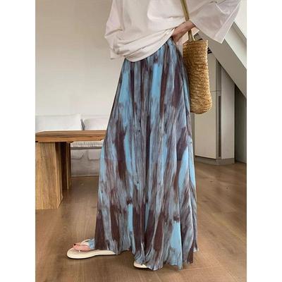 Retro Spring-Summer Tie-Dye High Waist A-Line Midi Skirt - Women's Vacation Style, Slimming and Draped with a Big Swing.