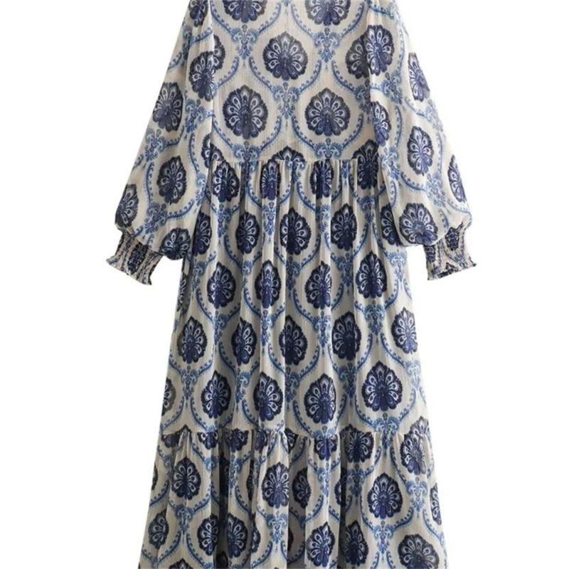 Long Sleeved V-neck Geometric Print Dressv Collar Geometric Print Dress Female