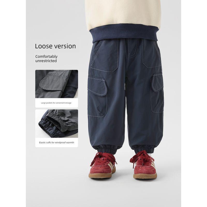 Right European Style Boys' Winter Clothing with Large Pockets, Fleece-Lined, Woven, Waterproof Trousers, New Winter Children's Clothing, Baby Pants