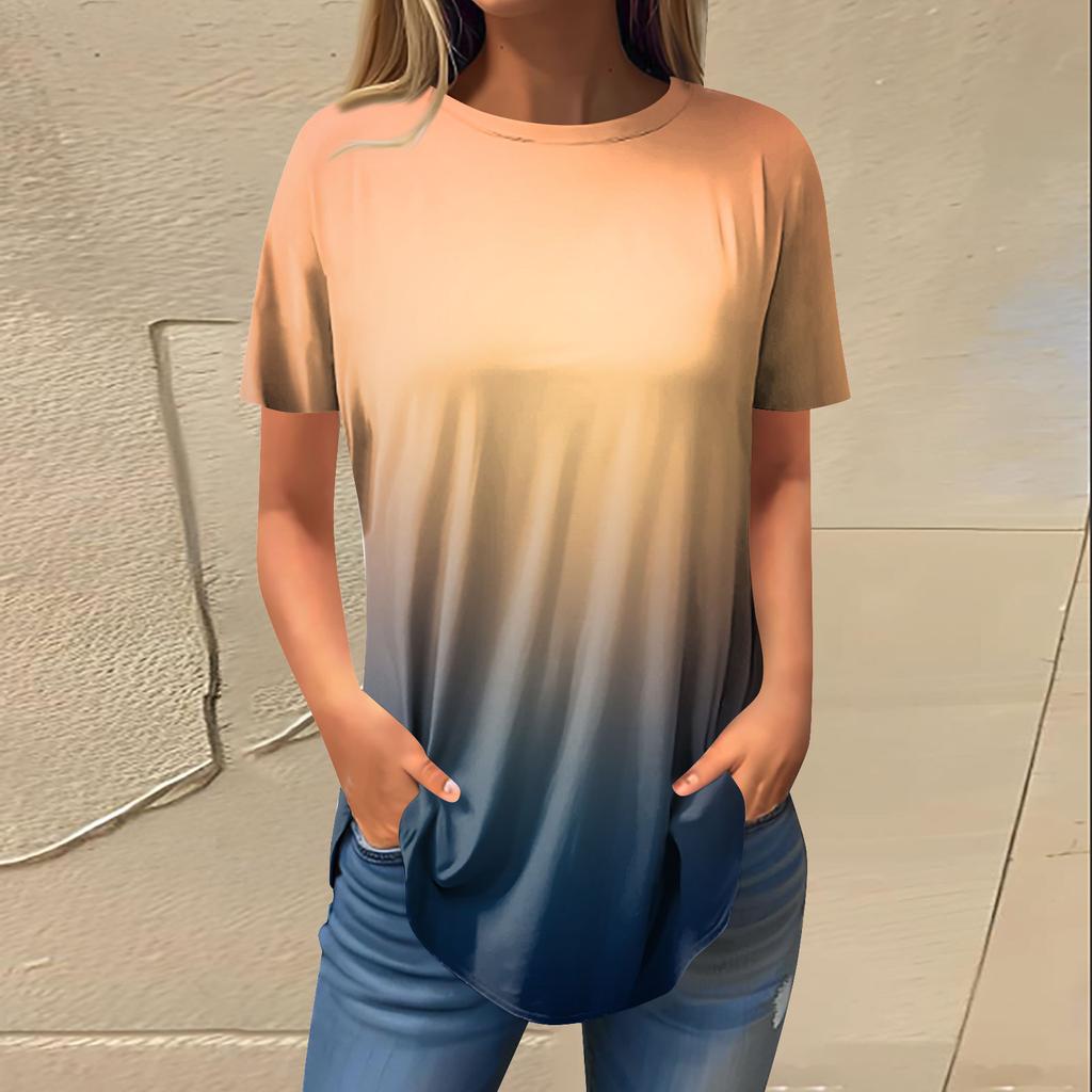 Women's Fashion Casual Round Neck Gradient Printed Short Sleeve Pullover T-Shirt Top