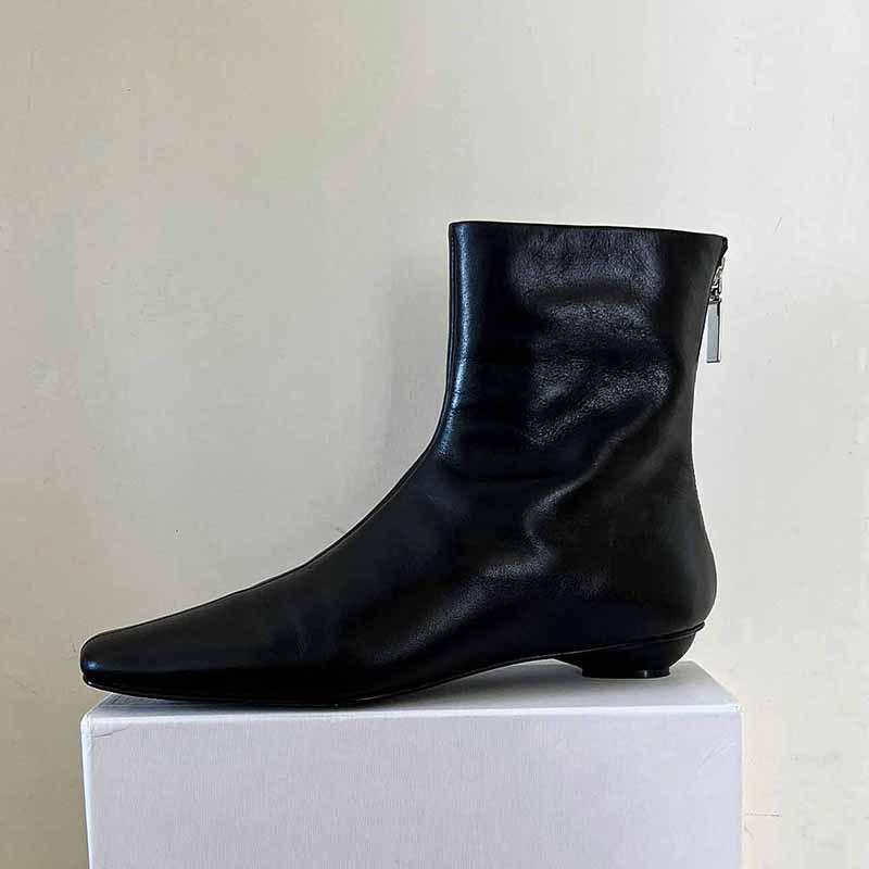 Cowhide Version~ French Small Ankle Boots Special-shaped and Thin Boots Leather Low-heeled Martin Boots Women's Square Head Foreign Style Small S