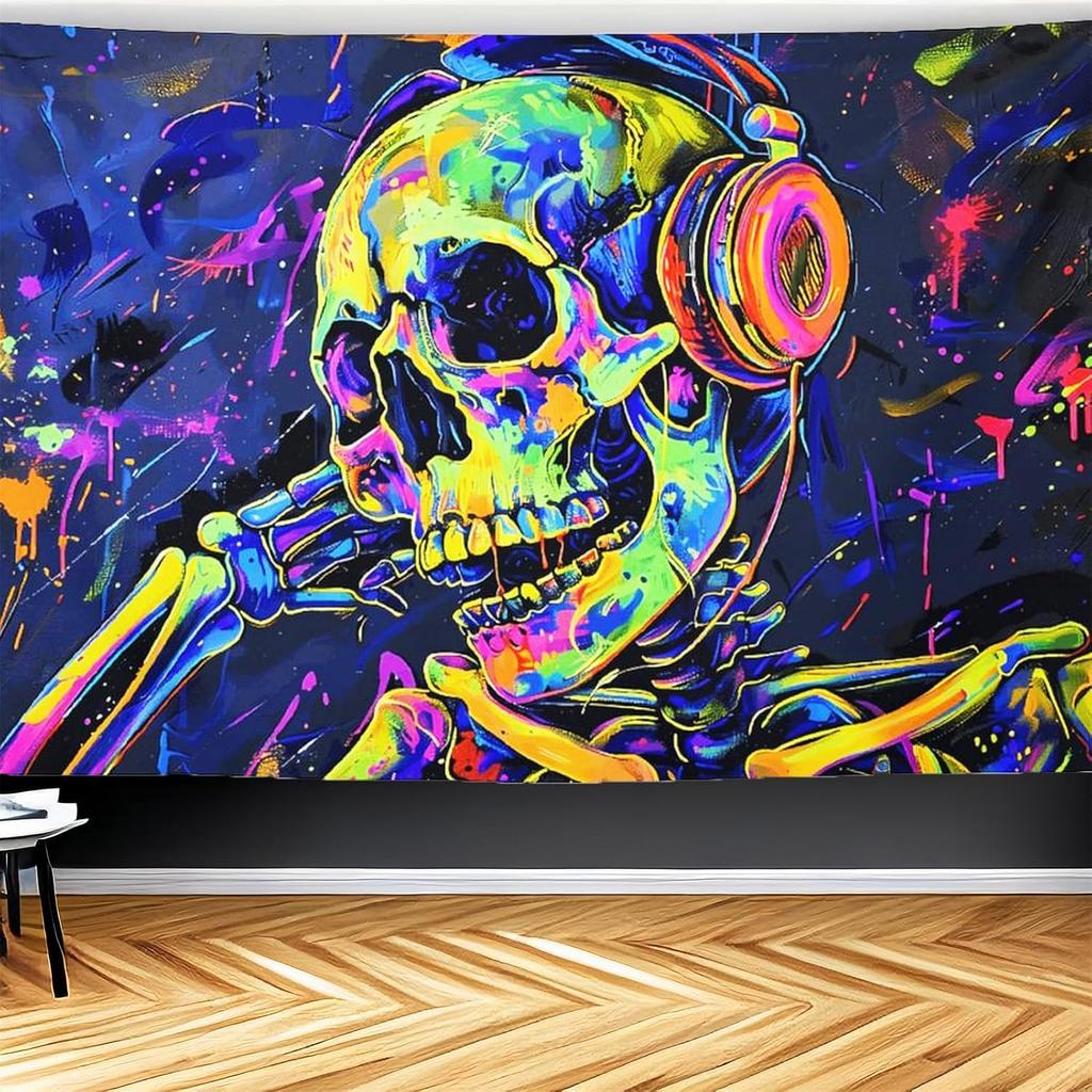 CJSLIFEART Blacklight Skull Tapestry Percussion Small Concert Fluorescent Starry Sky Bedroom Tapestry Background Wall Decoration