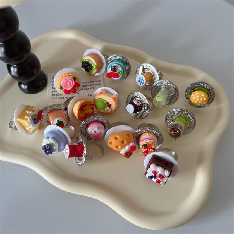 Cute 3D Food Dessert Shaped Resin Rings Adjustable Size Cartoon Design For Girls Daily Wear Party Cosplay Gifts