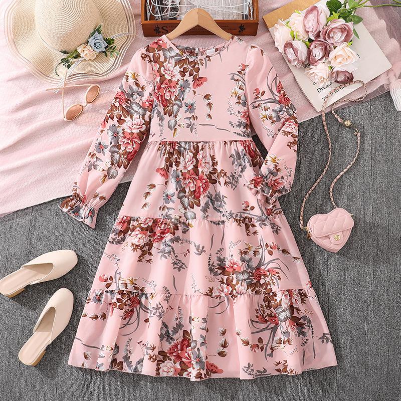 

Платье для девочки с длинными рукавами, с цветочным принтом, детское, повседневное, принцессы, одежда 9Y розовый