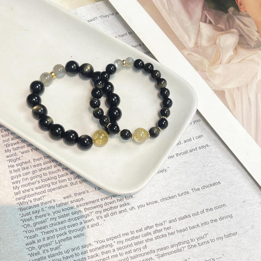 Original Partner-Stil Goldener Rutilquarz & Goldener Obsidian Kristall Perlenarmband - Einzigartiges Schmuckgeschenk