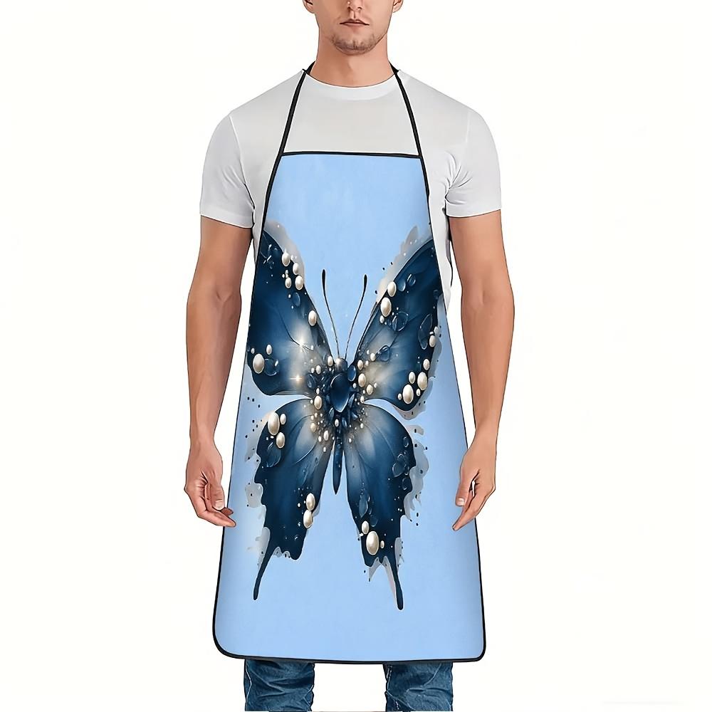1pc Blue Pearl Butterfly Print Apron - Adjustable Waistband, Durable and Easy-to-Clean Apron, Suitable for Kitchen Cooking, Gardening, Picking, Partie