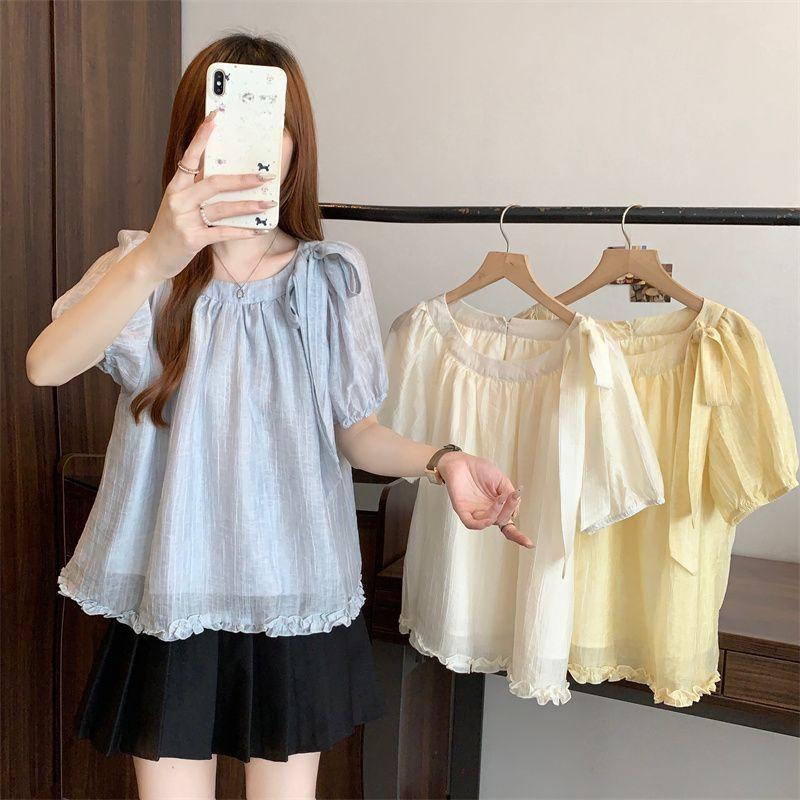 Summer Womens Fashion Solid Color Lace Short Sleeve Shirt with Tie Design Casual Top