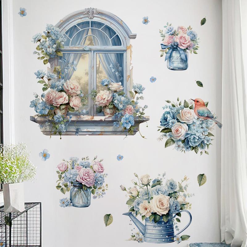 

Наклейки на стену с мультяшным котом, цветами в горшках, поддельные окна, теплая прикроватная тумбочка для спальни, декоративные наклейки, обои 30x90cmX2pcs