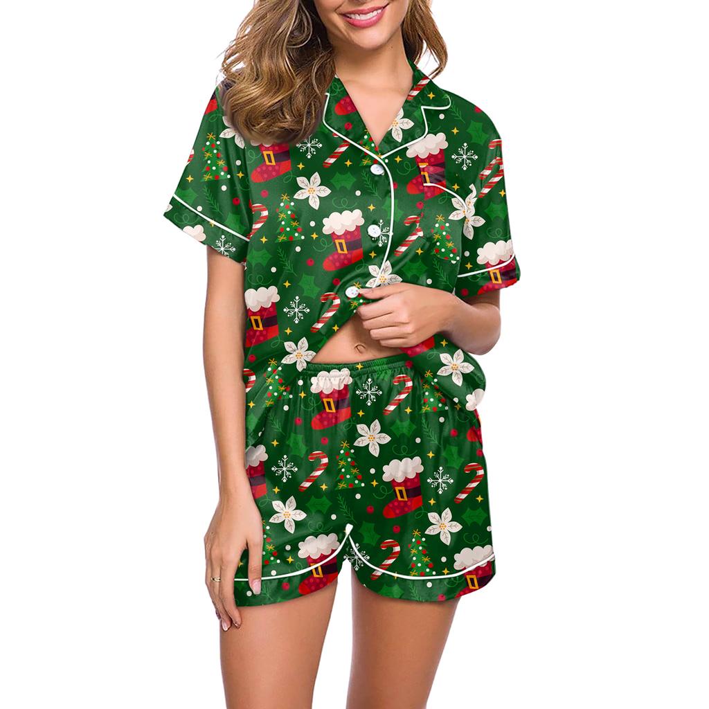 Women's Casual Fashion Christmas Print Short-Sleeve Top And Shorts Homewear Set
