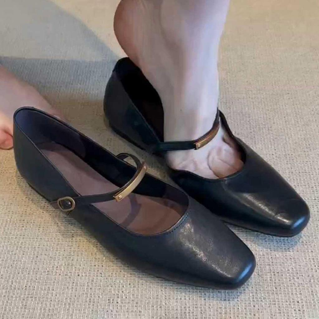 Shallow Mouth One-word Buckle Black Mary Jane Shoes Women's Retro Flat Bottom Comfortable Versatile Square Head Small Single Shoes