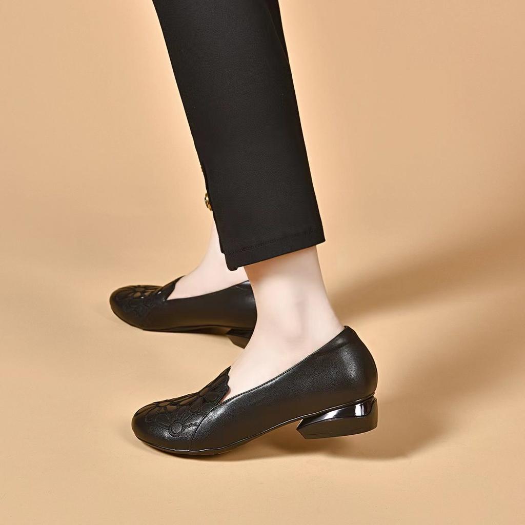 Round head women's spring and summer embroidery hollow shallow mouth single shoes low heel flat shoes one pedal women's lazy shoes