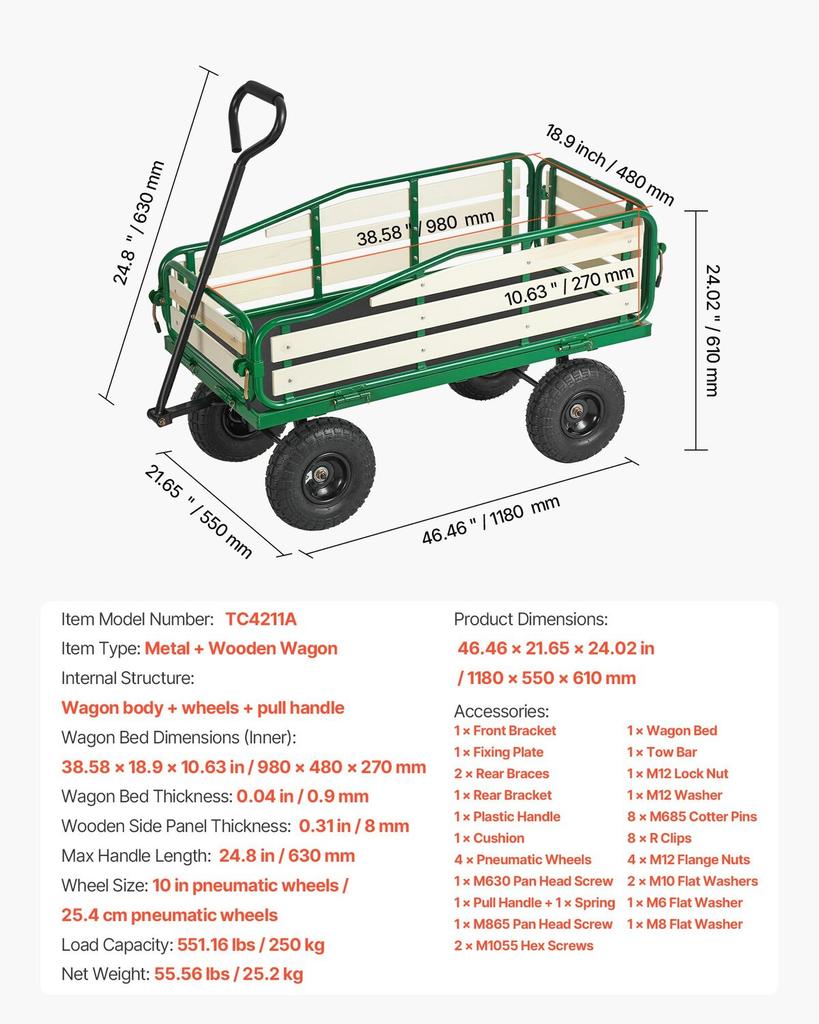 Pull-Along Wagon for Kids,101 cm Toddler Wagons with Foldable Wooden Panel & Handle, Supports up to 250kg, 25.4cm All-Terrain Tires, Utility Wagon