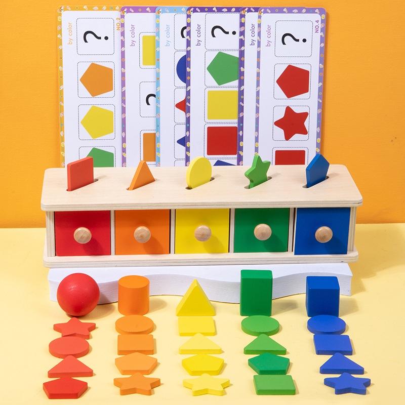 Four-in-one Children's Early Education Toy Colorful Shape Montessori Sorting Box For 2-3 Year Old Babies Wooden Material